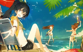 beach, Shijou Takane, palm trees, birds, bikini, anime girls