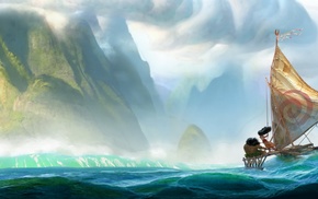 boat, sea, Moana, landscape, fantasy art