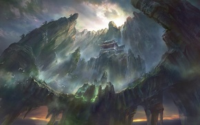 digital art, waterfall, pagoda, mountain, artwork, fantasy art