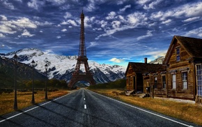 mountain, Eiffel Tower, road, photo manipulation, photoshopped, desert