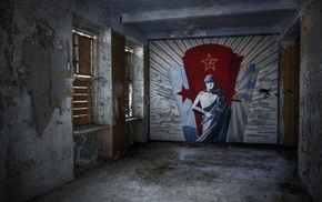 window, abandoned, walls, communism, flag, USSR