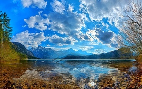 clouds, trees, lake, landscape, mountain, nature