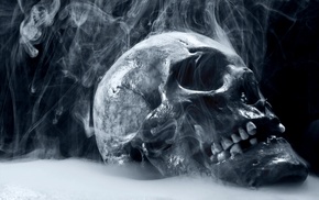 skull, teeth, smoke, simple background, shiny, digital art