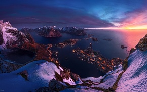 sunrise, nature, Norway, winter, cityscape, island