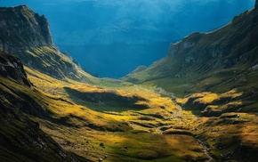 sun rays, grass, mountain, cliff, valley, nature