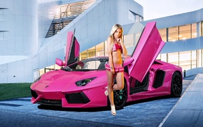 girl, pink, model, Lamborghini Aventador, car, vehicle