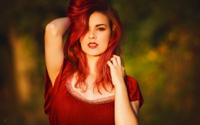 red lipstick, depth of field, red dress, redhead, girl, brown eyes