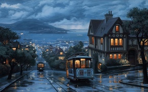 coast, city, San Francisco, landscape, street, rain