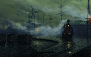 rail yard, painting, artwork, steam locomotive, smoke