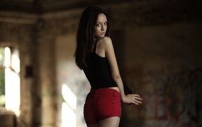 jean shorts, shorts, brunette, abandoned, looking at viewer, brown eyes
