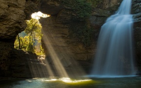 landscape, waterfall, sun rays, nature