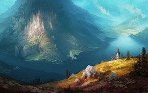 signatures, mountain, painting, lake, forest, hill