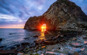 Sun, clouds, rock, nature, Japan