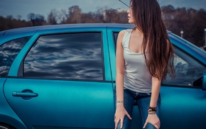 brunette, jeans, girl, car