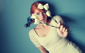 white dress, dress, braids, blue eyes, girl, flowers
