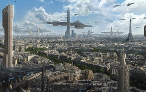 clouds, skyscraper, fantasy art, Paris, futuristic, digital art