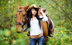 animals, brunette, shirt, girl, horse, nature