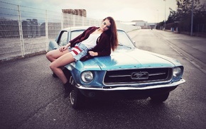 smoky eyes, tank top, road, girl with cars, Ford, legs
