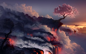 landscape, digital art, trees, lava, cherry blossom