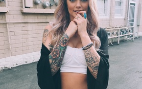 cleavage, blonde, eyes, tattoo, Kelsey Nicole