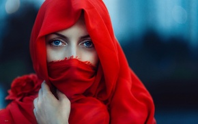 face, girl, scarf, blue eyes, eyes, red