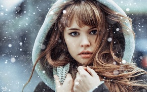 long hair, girl, Anastasia Scheglova, bangs, snow, face