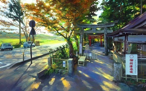painting, car, trees