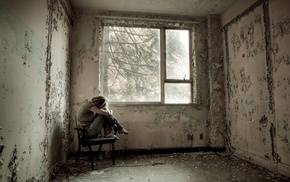 girl, ruin, alone, chair, room