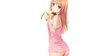 eating, simple background, anime girls, long hair