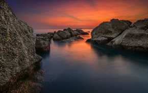 rock, water, clouds, sea, sunset, nature