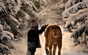 snow, dog, children, animals