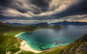 Norway, grass, clouds, bay, green, mountain