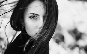 monochrome, eyes, brunette