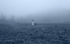 forest, girl, mist