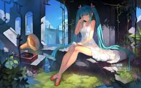 Vocaloid, twintails, books, white dress, Gramophone, anime