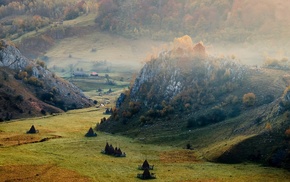 villages, valley, landscape, mist, cliff, forest