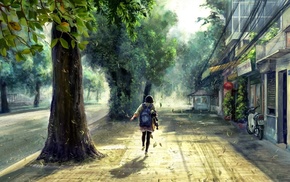 trees, street, spring, anime, concept art, sunlight