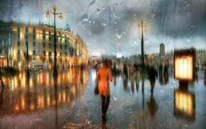 HDR, rain, people, St. Petersburg, reflection, city