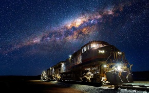 stars, diesel locomotives, Milky Way, train, night