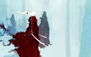 winter, sword, red, fantasy art