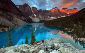 sunset, mountain, lake, forest, reflection, nature