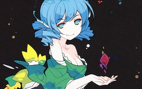 Touhou, blue hair, bare shoulders, green dress, video games, anime girls