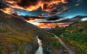 river, road, sunset, nature, HDR, landscape