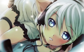 anime girls, headphones, blue eyes