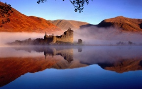 architecture, rock, castle, Scotland, nature, mist