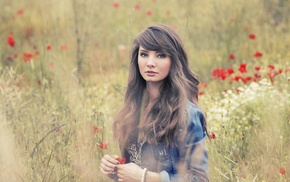 jacket, poppies, open mouth, brunette, girl outdoors, long hair