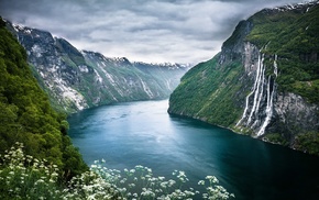 foliage, waterfall, Norway, landscape, fjord, wildflowers