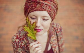 leaves, closed eyes, girl, redhead, face