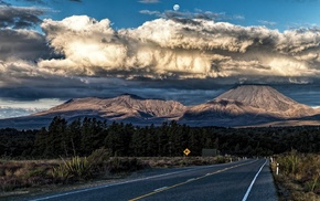 landscape, nature, volcano, mountain, clouds, highway