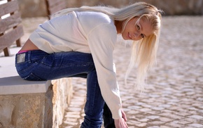 pornstar, blonde, white tops, girl outdoors, Annely Gerritsen, jeans